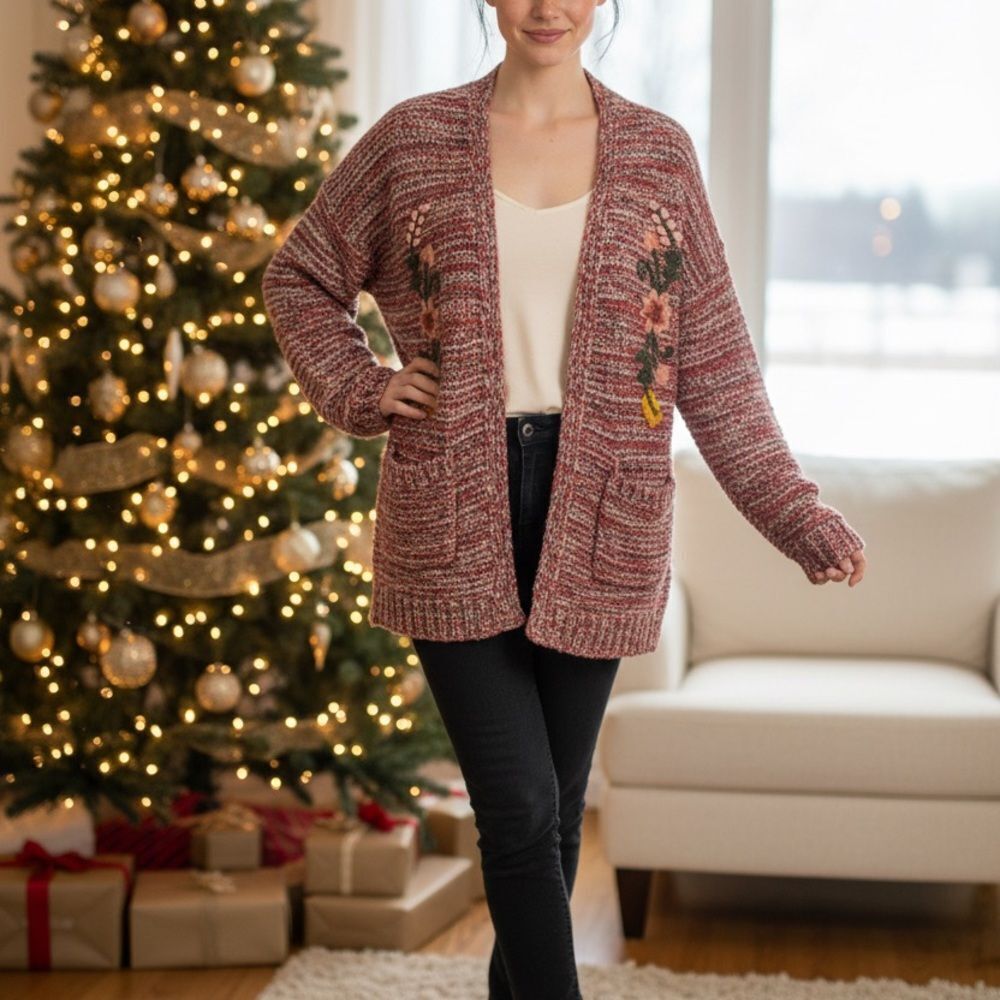 Cozy Marled Knit Sweater  with embroidered flowers on front